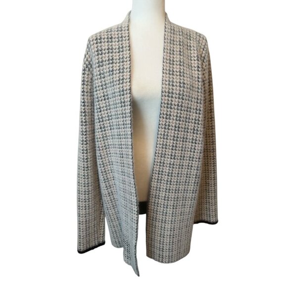 Cyrus Houndstooth Ivory Black Open Front Nylon Blend Long Sleeve Cardigan Large - Picture 2 of 11